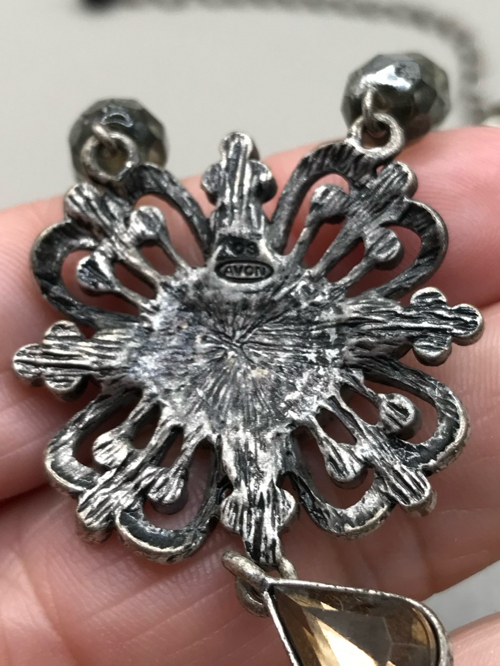 Avon Antique Silver-Tone Floral Design Drop Necklace - Picture 5 of 7